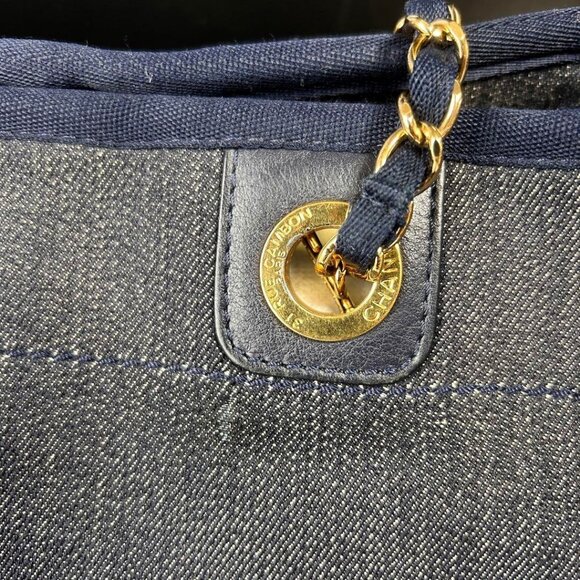 Authentic CHANEL CC Canvas MM Deauville Tote Blue Denim Navy Chain Shoulder Bag - Picture 6 of 16